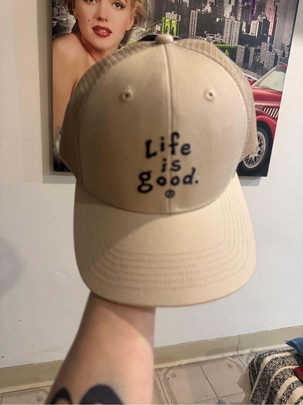 Life Is Good Beige Trucker Hat with Black Embroidery
